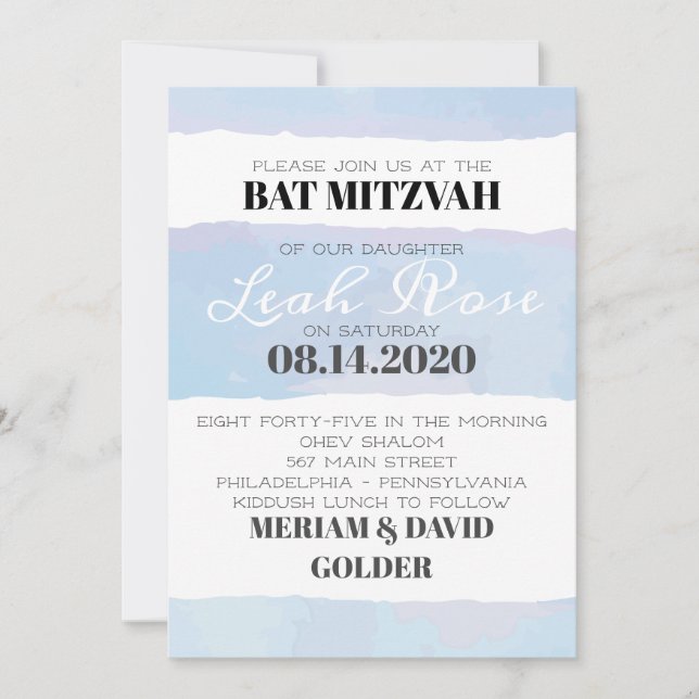 Convites BAR Bat Mitzvah, SUBTLE WATERCOLOR (Frente)