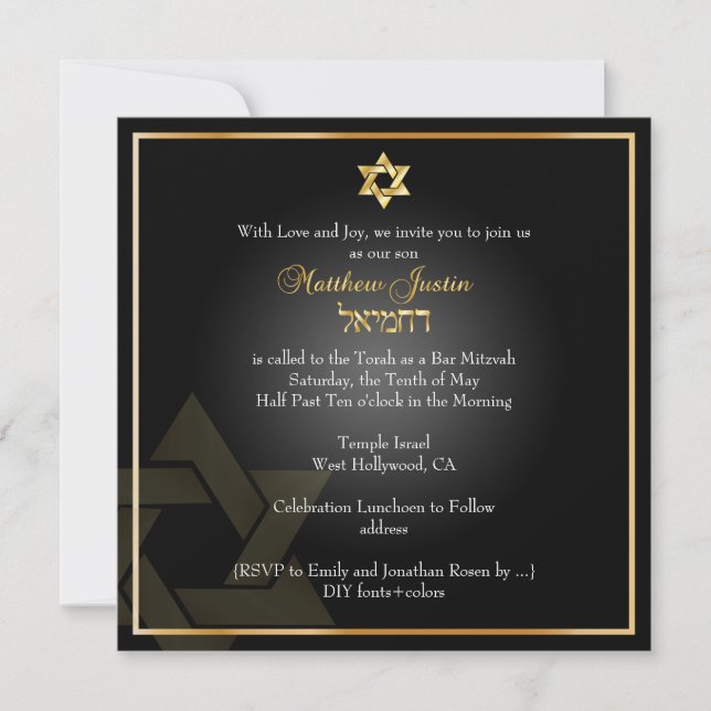 Convites Bar Clássico PixDezines Mitzvah/gold+black (Frente)