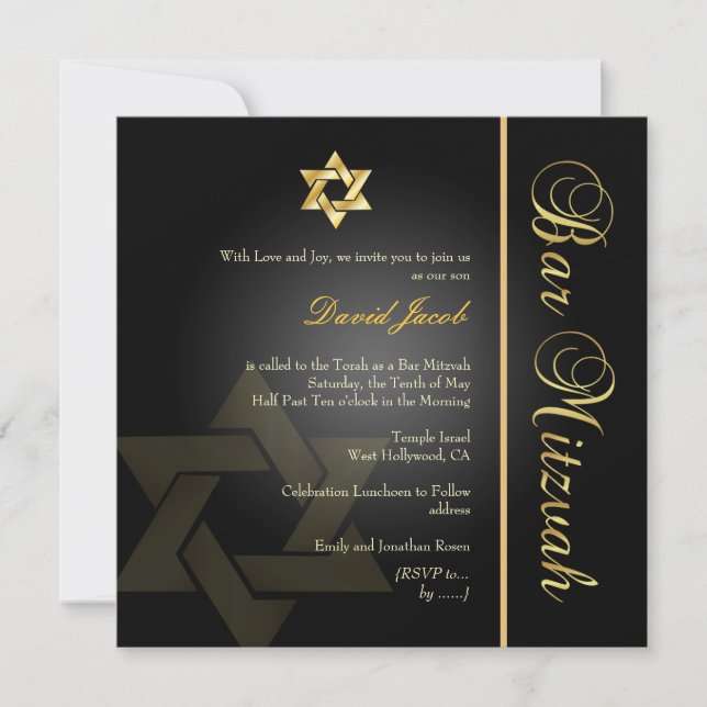 Convites Bar Clássico PixDezines Mitzvah/gold+black (Frente)