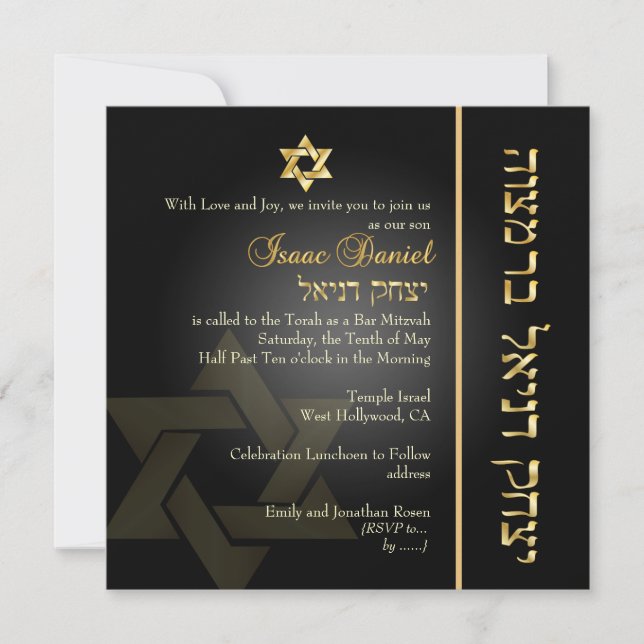 Convites Bar Clássico PixDezines Mitzvah/gold+black (Frente)