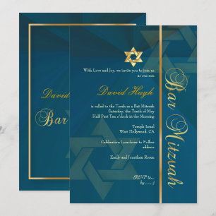 Convites BAR CLÁSSICO PixDezines MITZVAH/TEAL AZUL+DOURADO