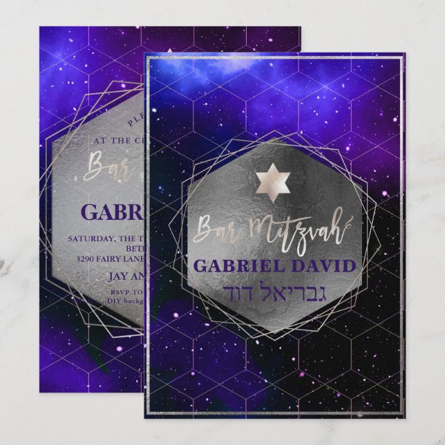 Convites Bar da Galáxia PixDezines Mitzvah Silver+Violet (Frente/Verso)