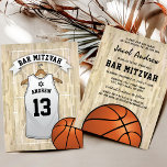 Convites Bar de basquete moderno Mitzvah<br><div class="desc">Convites de festas casuais mitzvah com fundo no campo de basquete,  uma camisa branca com seu nome infantil,  número e estrela de david. No verso estão os detalhes da celebração do bar mitzvah com uma bola de basquete no final.</div>