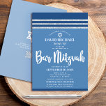 Convites Bar de Código QR Mitzvah Blue Silver Tallit Script<br><div class="desc">Tenha orgulho, alegria e mostre este marco do seu Bar favorito Mitzvah! Enviar este convite de código QR legal, exclusivo, moderno e personalizado para um evento a lembrar. A tipografia branca e a preto, Estrela de David e um talude azul-marinho e cintilante-prateado, inspiraram uma camada gráfica simples, azul-de-giro. Na parte...</div>
