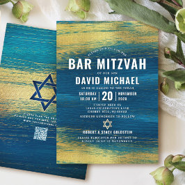 Convites Bar de Código QR Mitzvah Turquoise Gold Foil Moder