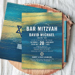 Convites Bar de Código QR Mitzvah Turquoise Gold Folha Tipo<br><div class="desc">Tenha orgulho, alegria e mostre este marco do seu Bar favorito Mitzvah! Enviar este convite de código QR legal, exclusivo, moderno e personalizado para um evento a lembrar. Traços de pincel de folhas de ouro metálicas falsas e Estrela de David, juntamente com tipografia branca e arrojada, cobrem um fundo de...</div>