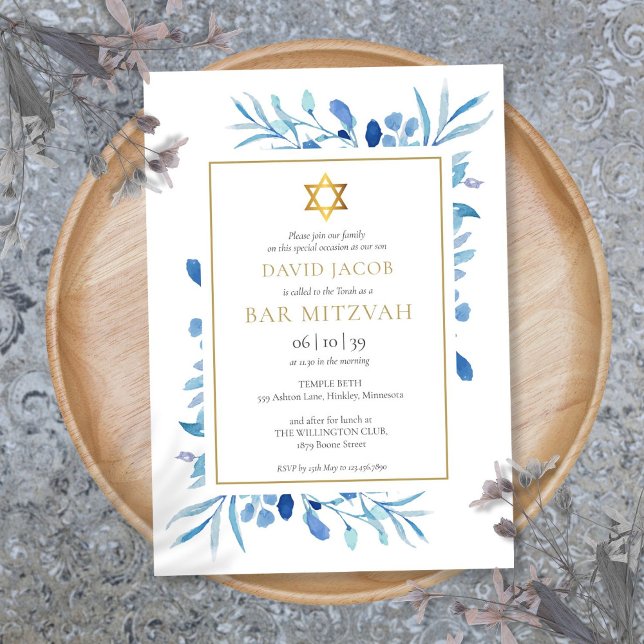 Convites Bar de Folhagem Azul Mitzvah Bat Mitzvah (Blue Watercolor Foliage Bar Mitzvah Bat Mitzvah Invitation)