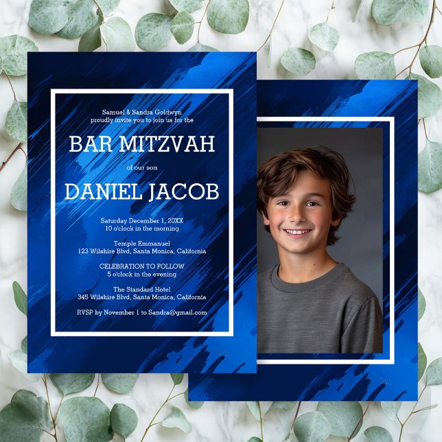 Convites Bar de Fotografia Personalizada de Traços Azuis BA (Blue Brushstrokes Custom Photo BAR BAT MITZVAH Invitation
)