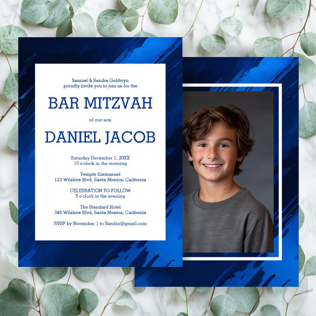 Convites Bar de Fotografia Personalizada de Traços Azuis BA (Blue Brushstrokes Custom Photo BAR BAT MITZVAH Invitation
)