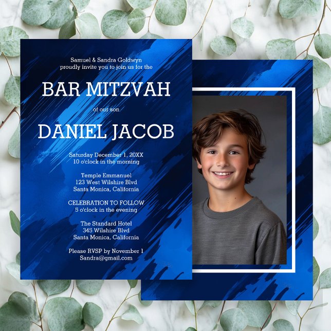 Convites Bar de Fotografia Personalizada de Traços Azuis BA (Blue Brushstrokes Custom Photo BAR BAT MITZVAH Invitation
)