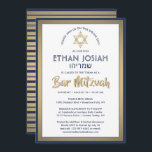 Convites Bar de nome hebraico Mitzvah Elegante Dourado Bran<br><div class="desc">Convide familiares e amigos para uma elegante cerimônia de mitzvah bar e celebração com este moderno convite à folha de ouro azul, branco e falso marinho. Todo texto é simples de personalizar, portanto pode incluir qualquer texto sobre o serviço, leitura de Torah e festa. Design apresenta os nomes hebraico e...</div>