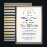 Convites Bar de nome hebraico Mitzvah Elegante Dourado Bran<br><div class="desc">Convide familiares e amigos para uma elegante cerimônia de mitzvah bar e celebração com este moderno convite à folha de ouro azul, branco e falso marinho. Todo texto é simples de personalizar, portanto pode incluir qualquer texto sobre o serviço, leitura de Torah e festa. Design apresenta os nomes hebraico e...</div>