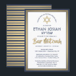 Convites Bar de nome hebraico Mitzvah Elegante Dourado Bran<br><div class="desc">Convide familiares e amigos para uma elegante cerimônia de mitzvah bar e celebração com este moderno convite à folha de ouro azul, branco e falso marinho. Todo texto é simples de personalizar, portanto pode incluir qualquer texto sobre o serviço, leitura de Torah e festa. Design apresenta os nomes hebraico e...</div>