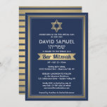 Convites Bar de nome hebraico Mitzvah Marinho azul branco e<br><div class="desc">Convide a família e os amigos para uma elegante cerimônia de mitzvah bar e comemoração para ele com este marinho de convite azul, branco e folha de ouro falso. Todo texto é simples de personalizar, portanto pode incluir qualquer texto sobre o serviço, leitura de Torah e festa. Design apresenta os...</div>