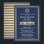 Convites Bar de nome hebraico Mitzvah Marinho azul branco e<br><div class="desc">Convide a família e os amigos para uma elegante cerimônia de mitzvah bar e comemoração para ele com este marinho de convite azul, branco e folha de ouro falso. Todo texto é simples de personalizar, portanto pode incluir qualquer texto sobre o serviço, leitura de Torah e festa. Design apresenta os...</div>