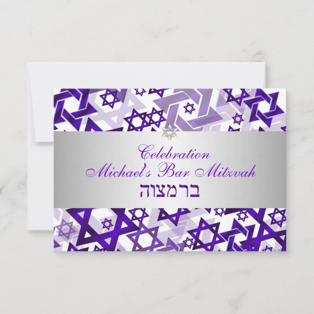Convites bar de recepção PixDezines mitzvah/violet/prata (Frente)