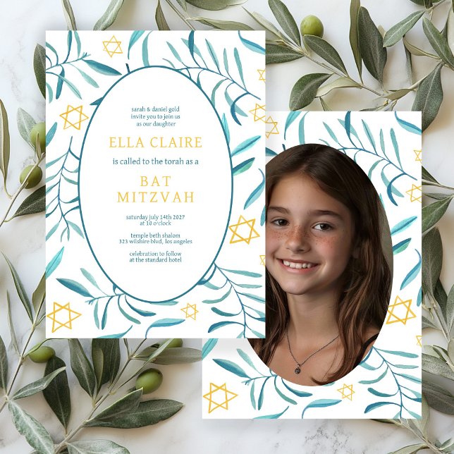 Convites Bar de Watercolor Botanical Star - Foto Mitzvah (Watercolor Botanical Star Bar Bat Mitzvah CUSTOM Photo Invitation
)