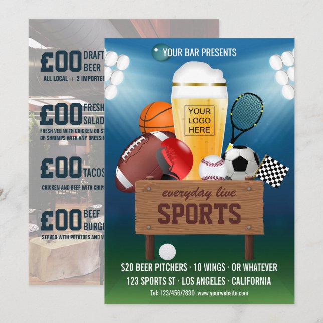 Convites Bar desportivo Menu Promo de eventos adicione foto (Frente/Verso)