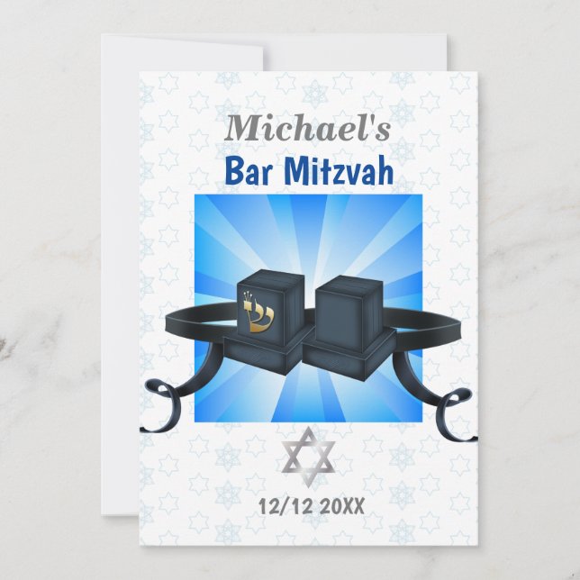 Convites Bar Feliz Mitzvah 20XX Tefillin Blue Invitation (Frente)