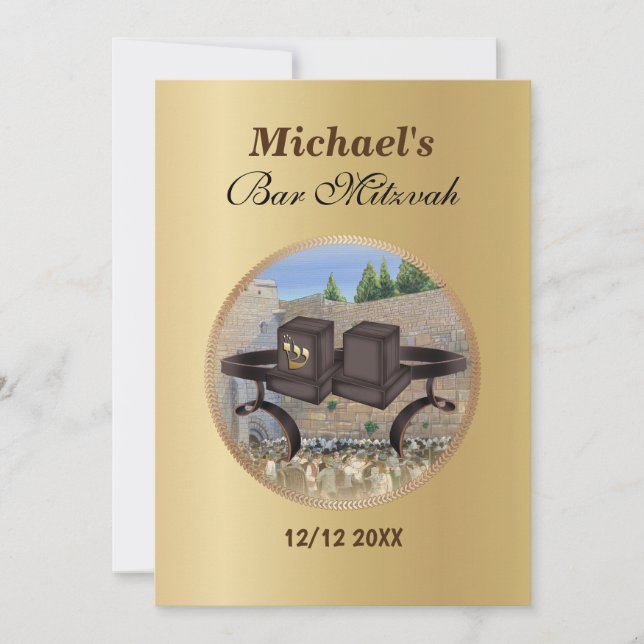 Convites Bar Feliz Mitzvah Jerusalem Kotel Tefillin Dourado (Frente)