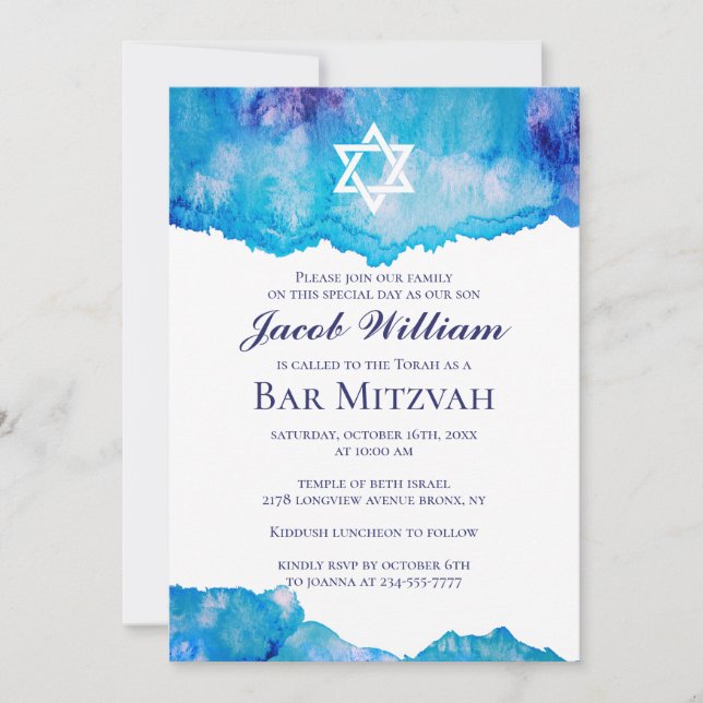 Convites Bar judeu Mitzvah Blue Watercolor Invtions (Frente)