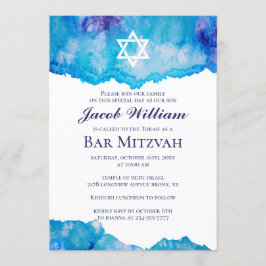 Convites Bar judeu Mitzvah Blue Watercolor Invtions