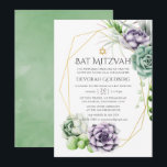 Convites Bar Mitsvá Geométrico Suculento<br><div class="desc">Convite de bar mitzvah de casamento de suculentas da moda com moldura geométrica dourada e lavagem de aquarela verde sage reversa.</div>