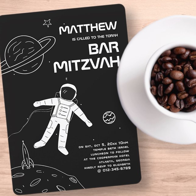 Convites Bar Mitzvah Astronauta Moderno Negro e Branco (Criador carregado)