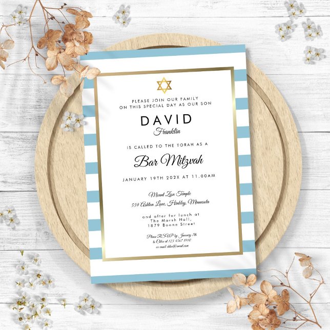 Convites Bar Mitzvah Azul Branco Clássico com Listra Dourad (Bar Mitzvah Classic Blue White Stripe Gold Invitation)