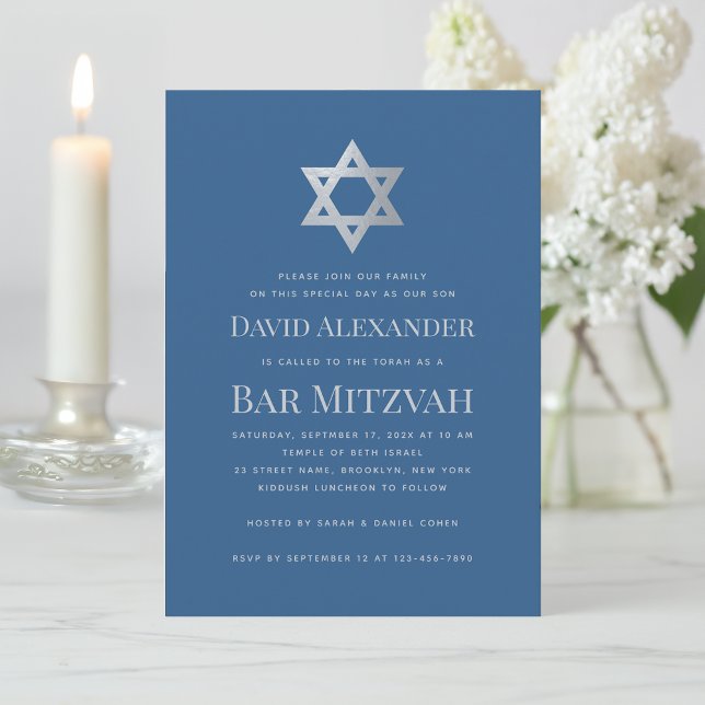 Convites Bar Mitzvah Azul Clássico Falso Estrela de Davi Pr (Criador carregado)