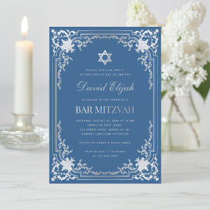 Convites Bar Mitzvah Azul Clássico Falso Estrela Prata Vint