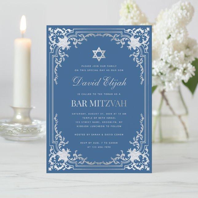 Convites Bar Mitzvah Azul Clássico Falso Estrela Prata Vint (Criador carregado)