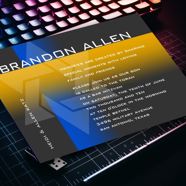 Convites Bar Mitzvah Azul e Amarelo em Qualquer Cor (Criador carregado)