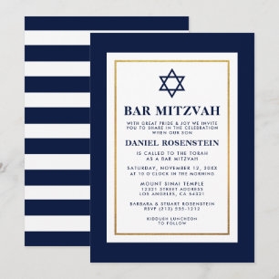 Convites Bar Mitzvah Azul e Branco com risca Dourada