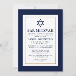 Convites Bar Mitzvah Azul e Branco Riscado Dourado