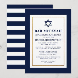 Convites Bar Mitzvah Azul e Branco Riscado Dourado