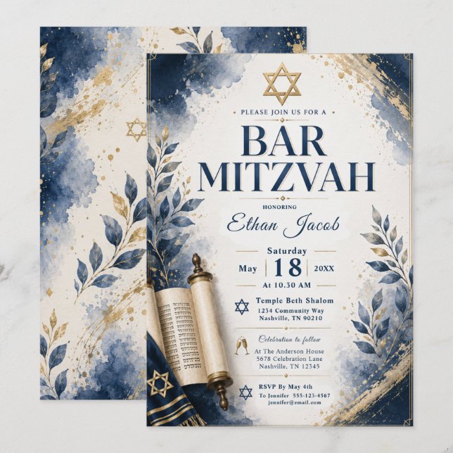 Convites Bar Mitzvah Azul e Dourado (Frente/Verso)