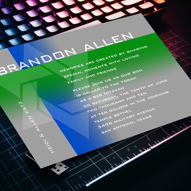 Convites Bar Mitzvah Azul e Verde em Qualquer Cor (Criador carregado)