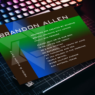 Convites Bar Mitzvah Azul e Verde em Qualquer Cor