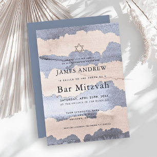 Convites Bar Mitzvah Azul Empoeirado e Bege Aquarela