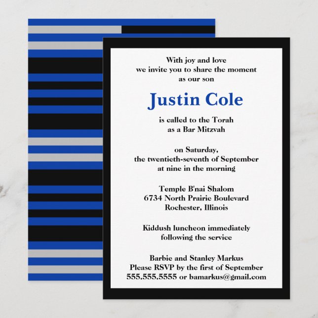Convites Bar Mitzvah Azul / Listras Prateadas em Preto (Frente/Verso)