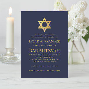 Convites Bar Mitzvah Azul-Marinho Estrela de Davi Folha Dou