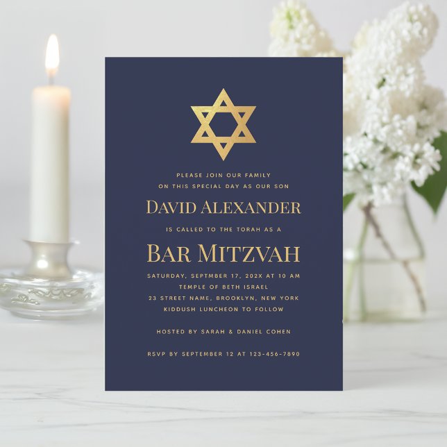 Convites Bar Mitzvah Azul-Marinho Estrela de Davi Folha Dou (Criador carregado)