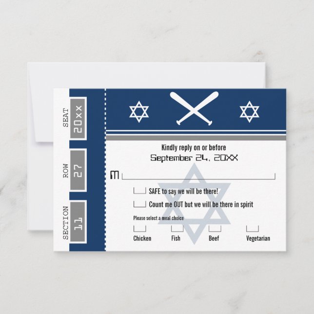 Convites Bar Mitzvah Baseball Ticket RSVP com opção de refe (Frente)