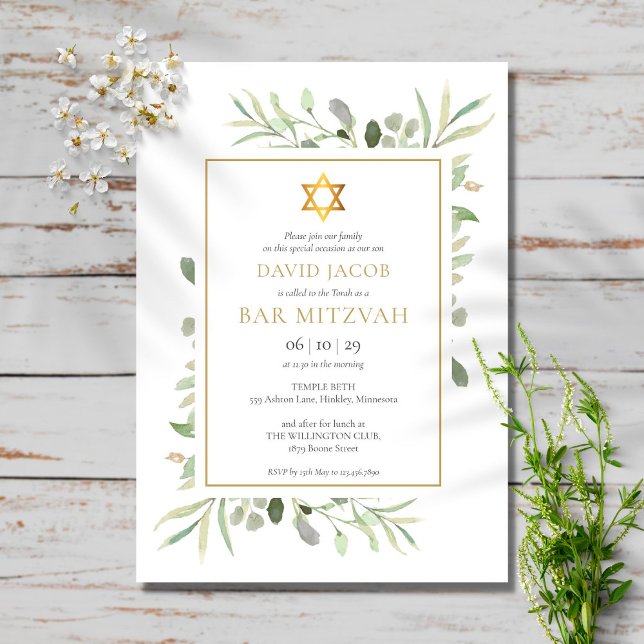 Convites Bar Mitzvah Bat Mitzvah com Vegetação em Aquarela (Criador carregado)