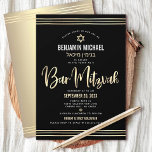 Convites Bar Mitzvah Black Gold Escrita Hebraico<br><div class="desc">Tenha orgulho, alegria e mostre este marco do seu Bar favorito Mitzvah! Envie este convite personalizado, sofisticado, sofisticado e atormentado para um evento para lembrar. Escrita gráfica de caligrafia de folha de ouro, Estrela de David, e linhas de talentos desenhadas à mão, sobrepõem um fundo preto, dramático e rico. Uma...</div>