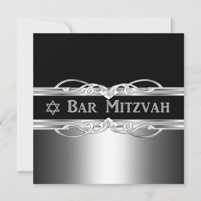 Convites Bar Mitzvah Black Silver Metal Boy (Frente)