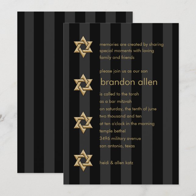 Convites Bar Mitzvah Black Stripe Dourado (Frente/Verso)