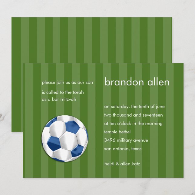 Convites Bar Mitzvah Blue and White Soccer Ball (Frente/Verso)