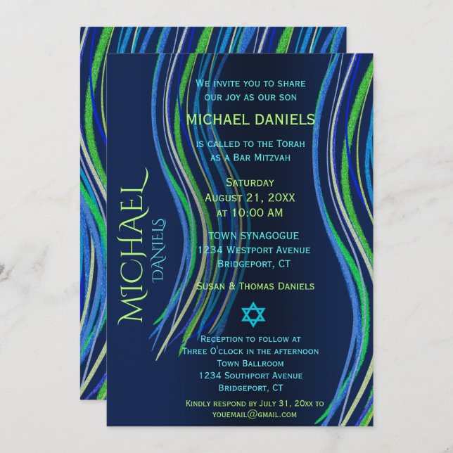 Convites Bar Mitzvah Blue e Green Prayer Shawl (Frente/Verso)